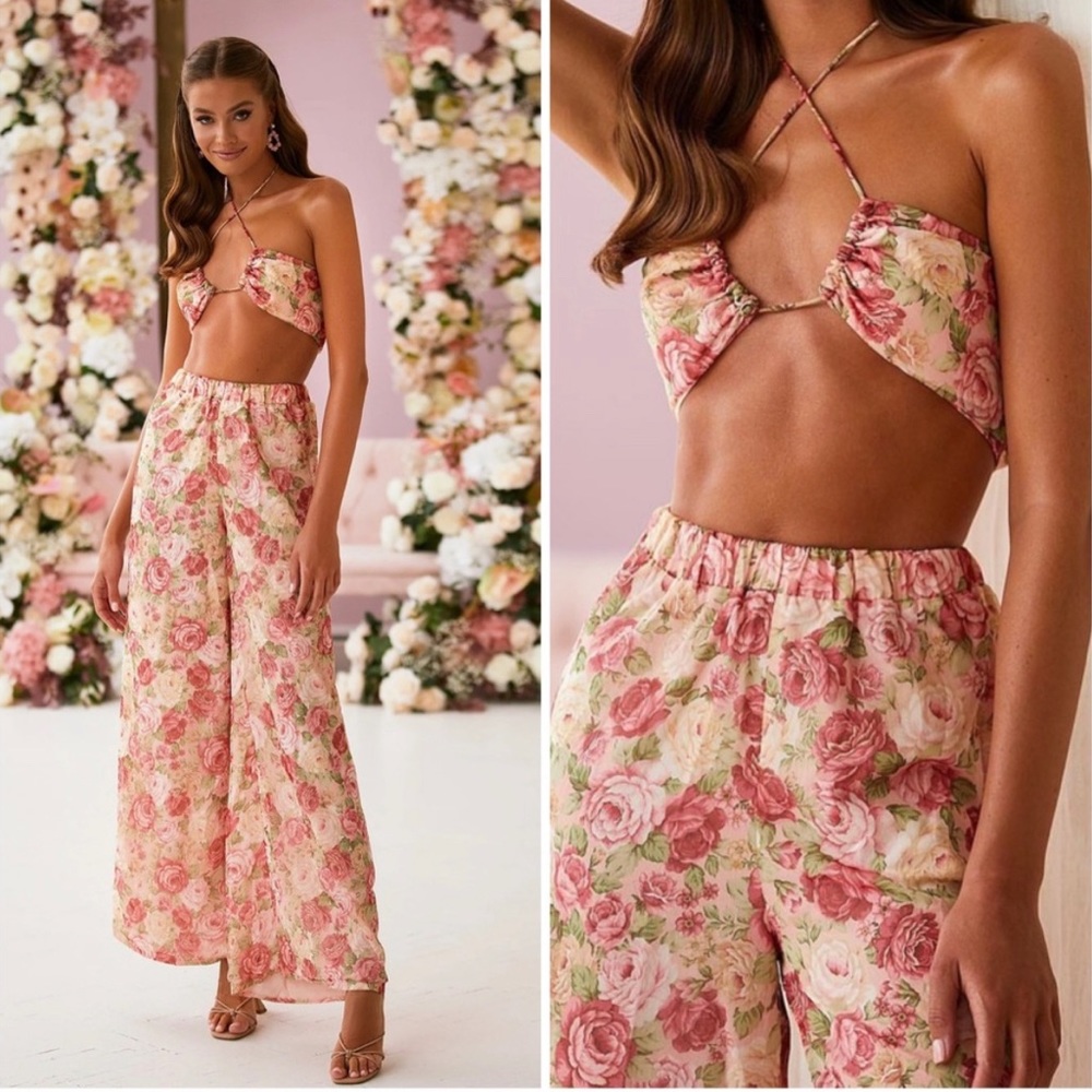 Alamour The Label Cecily Set Floral Rose Print Top (small) & Pants (medium)